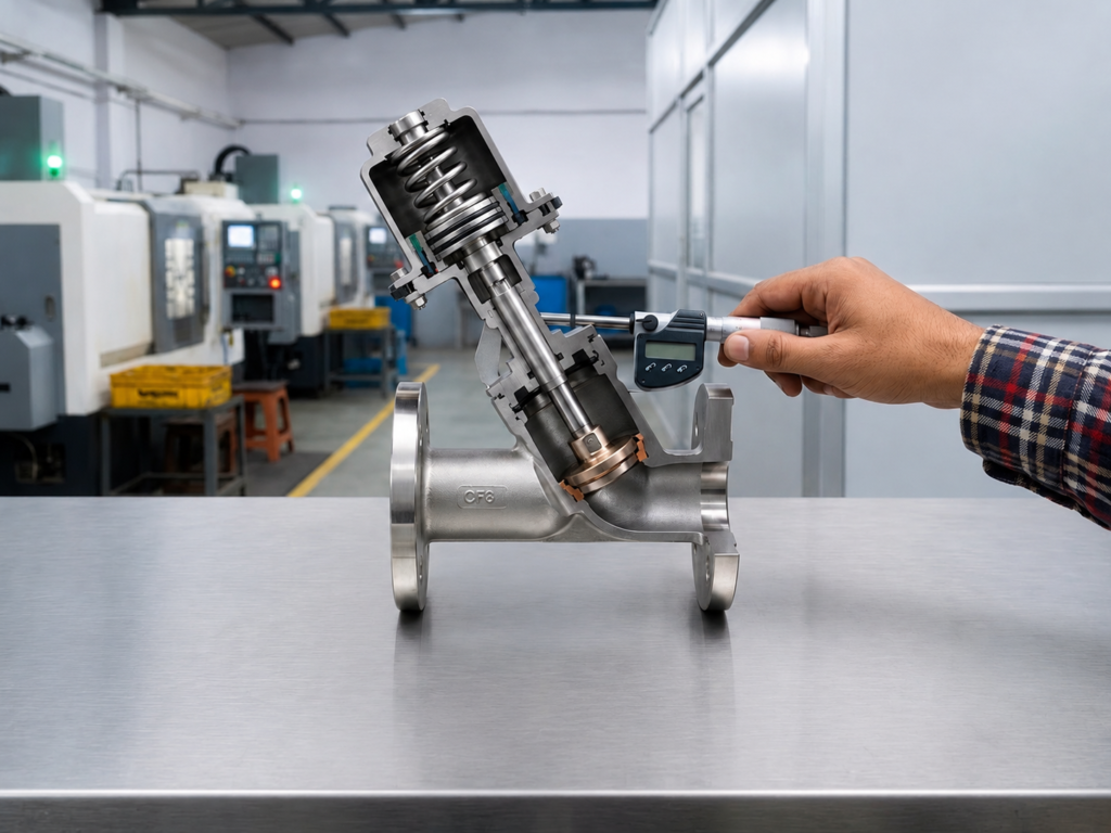 Stainless Steel Y-Type Angle Seated Valve cross-section inspected using precision measuring equipment in an industrial manufacturing environment.